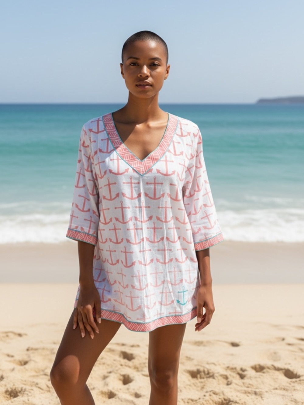 ECOACCENTS CASUAL BEACH POOL NAUTICAL ANCHOR PEACH & WHITE TUNIC COVERUP SZ M